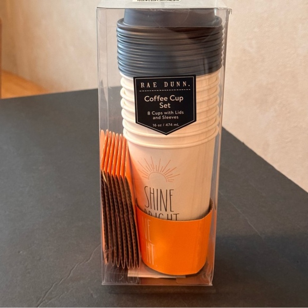 Rae Dunn SHINE BRIGHT Sun Disposable Coffee Cups with Lids and Sleeves NEW!!